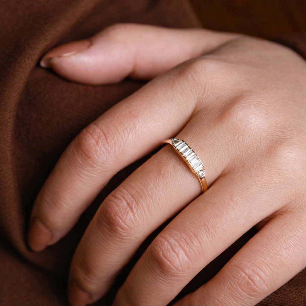 Baguette And Round Diamond Band For Women In Gold
