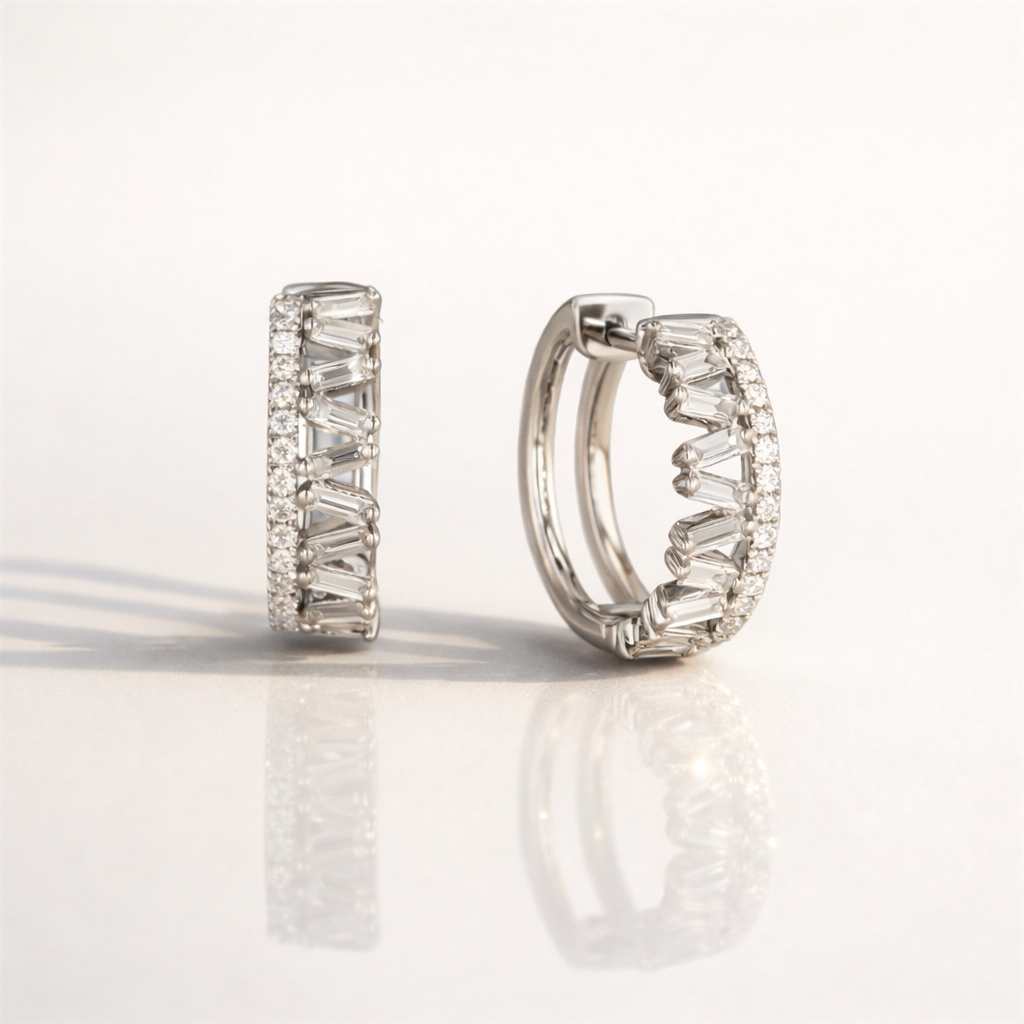 Baguette And Round Diamond Hoop Earrings In White Gold
