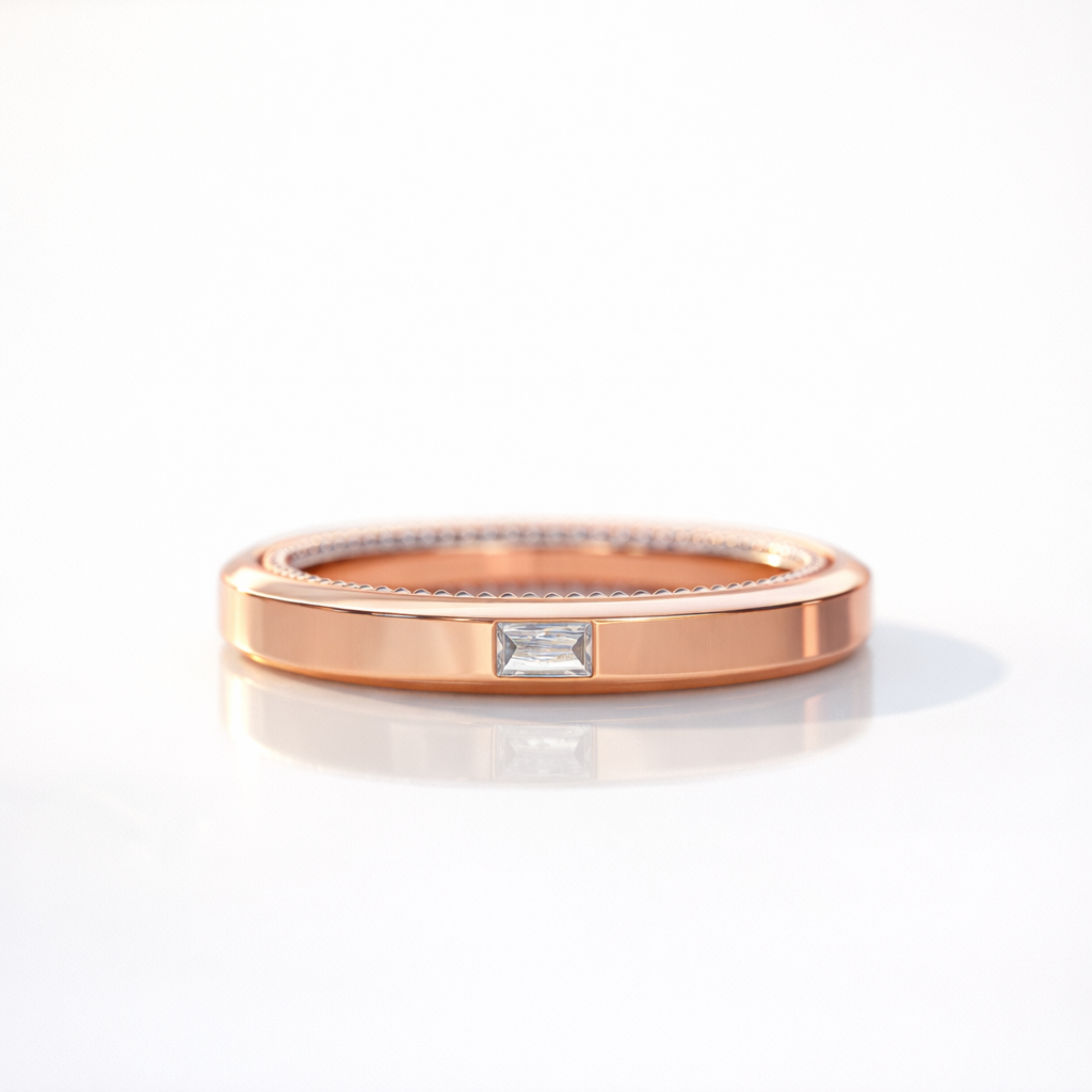 Two Tone Wedding Band With Bezel Set Baguette Diamond
