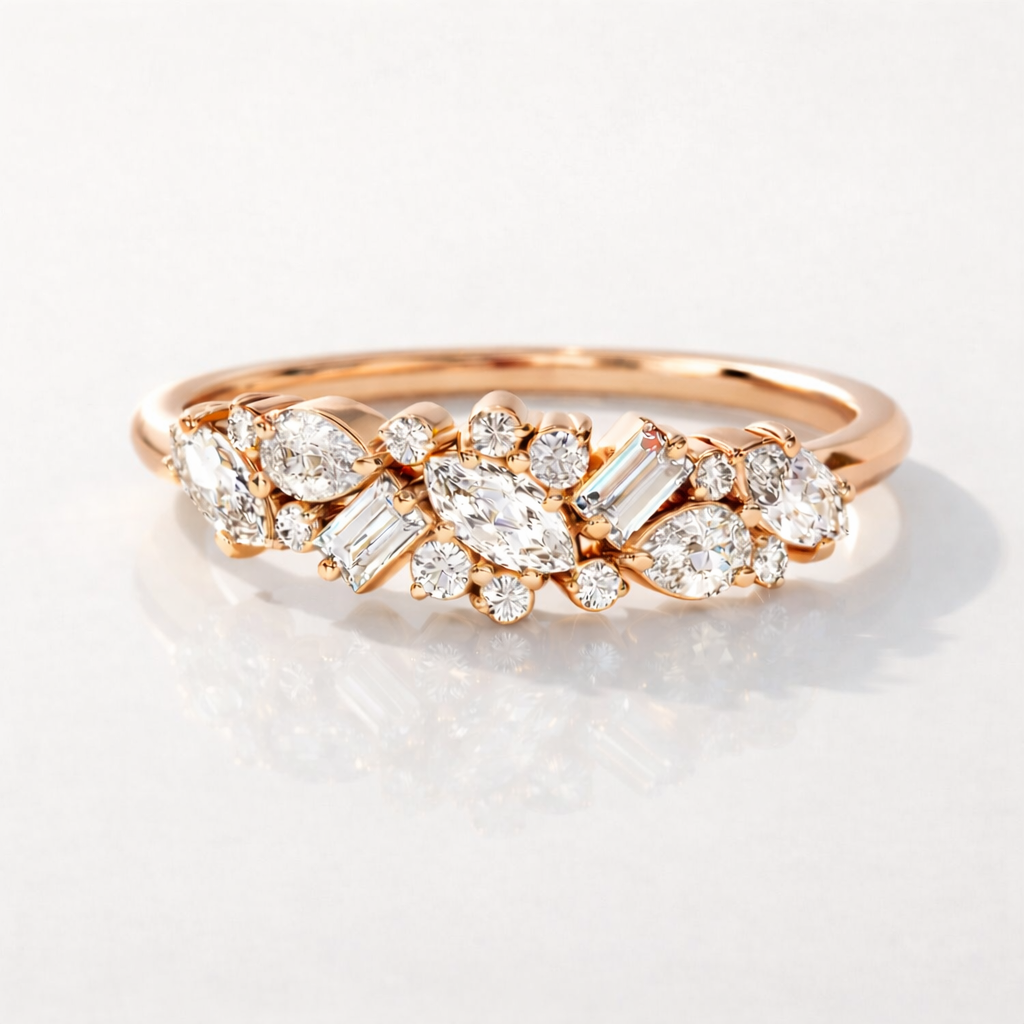 Cluster Diamond Wedding Band With Marquise Round Baguette And Pear Cuts
