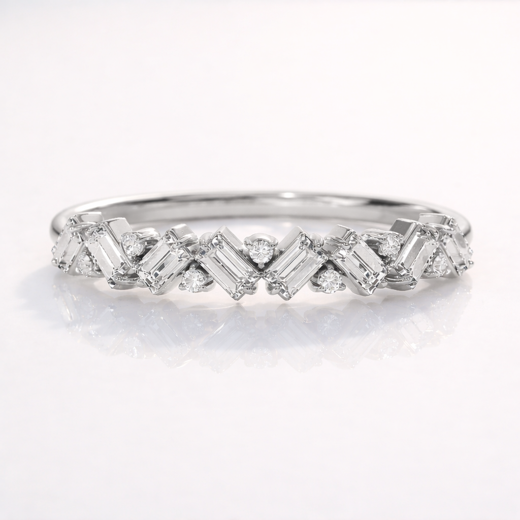 Baguette And Round Cut Diamond Wedding Band In Yellow Gold Design Style
