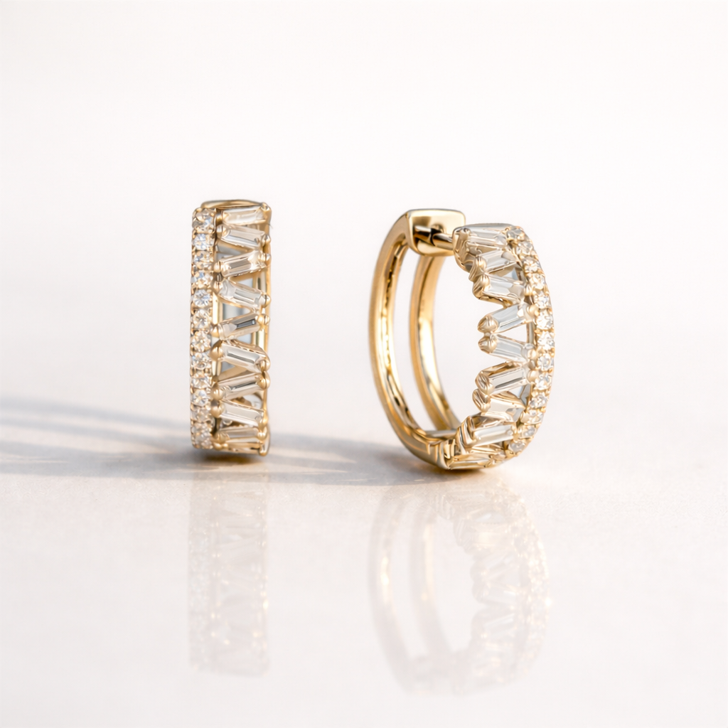 White Gold Hoop Earrings With Baguette And Round Diamonds
