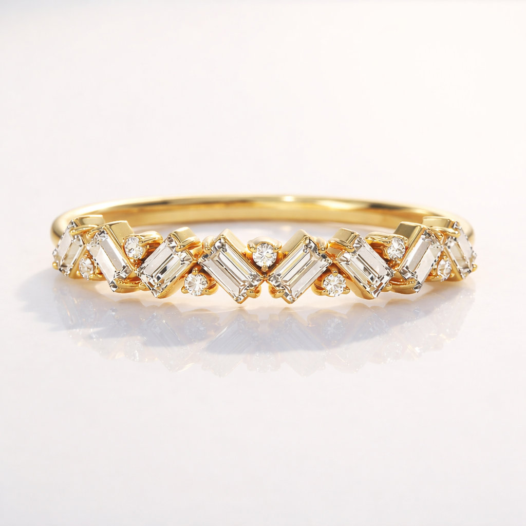 Moissanite Baguette And Round Cut Wedding Band With Dainty Look Gold Style
