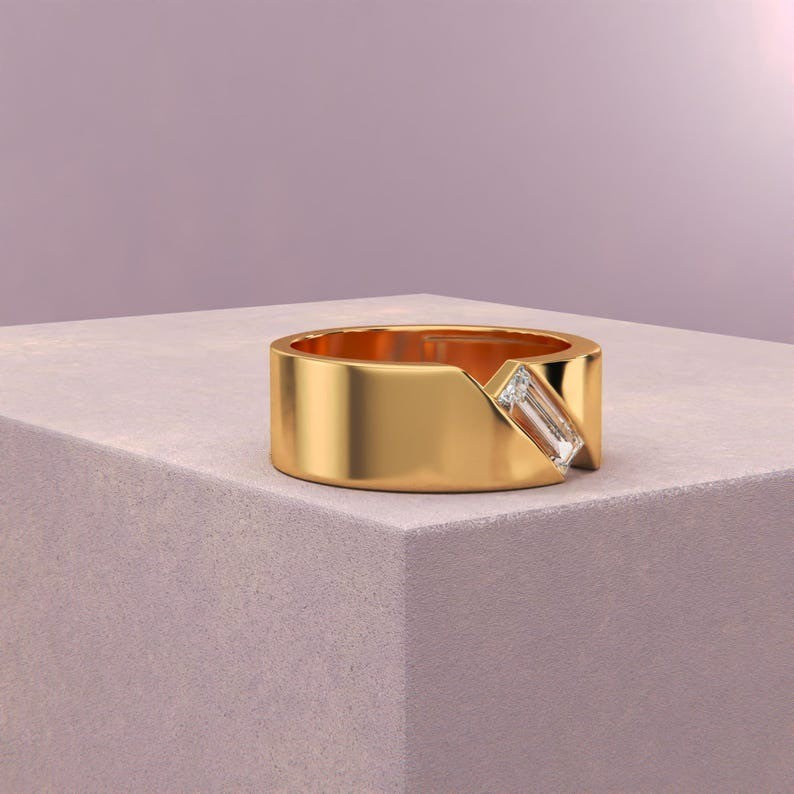 Mens Baguette Diamond Ring With Architectural Gold Design
