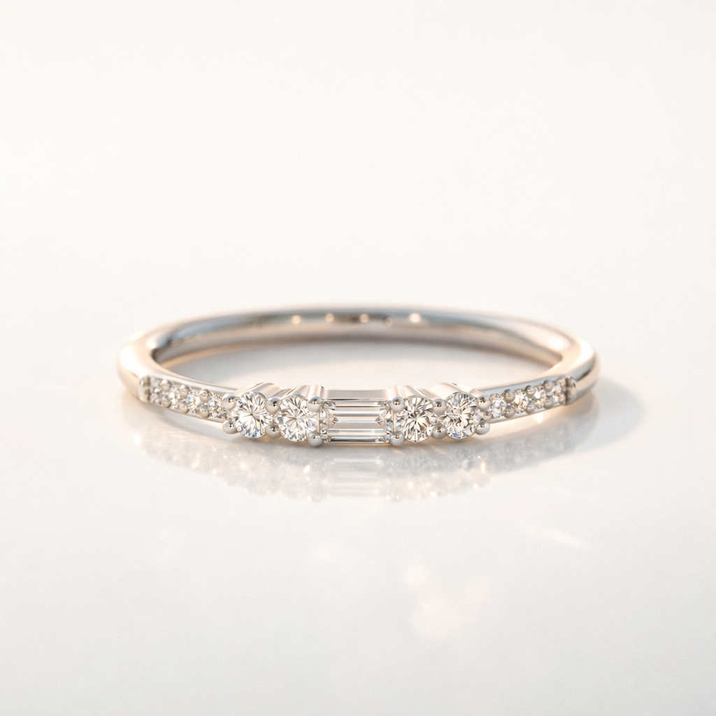 Baguette Wedding Band Round Cut Diamond Or Moissanite Custom Wedding Band Style.
