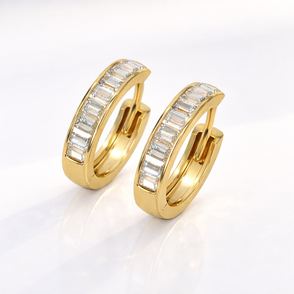 Baguette Huggie Earrings Channel Set Huggie Earrings Moissanite Earrings
