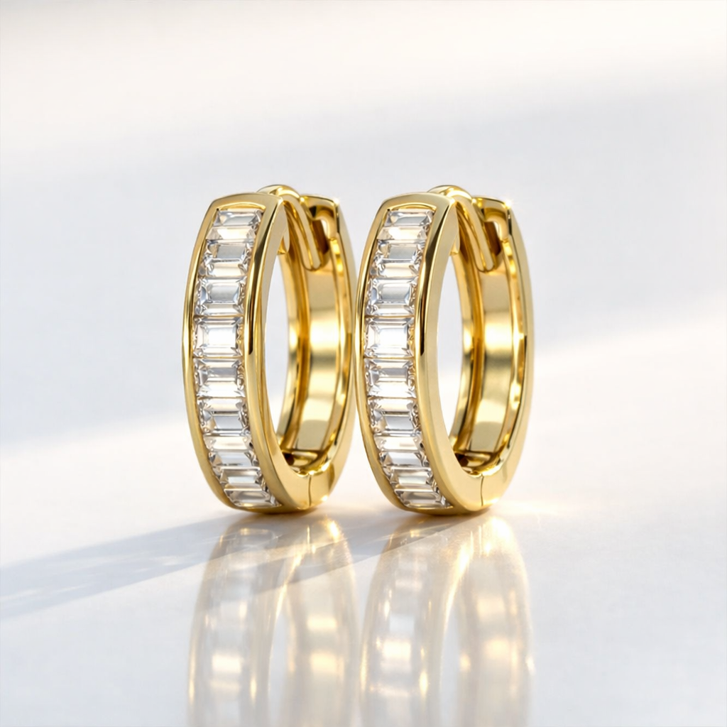 Baguette Huggie Earrings Channel Set Huggie Earrings Yellow Gold Earrings
