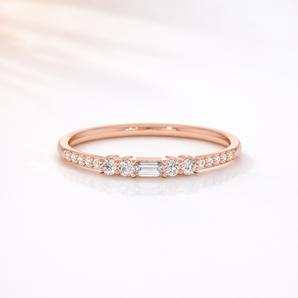Yellow Gold Wedding Band Baguette And Round Cut Diamond Stackable Wedding Band.
