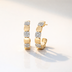 Beaded Half Hoop Diamond Earrings With Halo Setting In Yellow Gold
