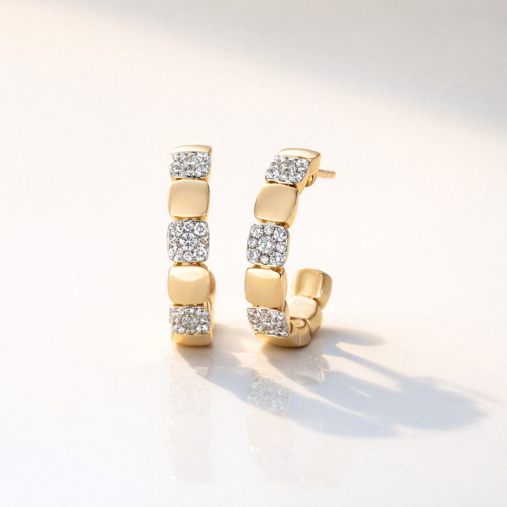 Beaded Half Hoop Diamond Earrings With Halo Setting In Yellow Gold
