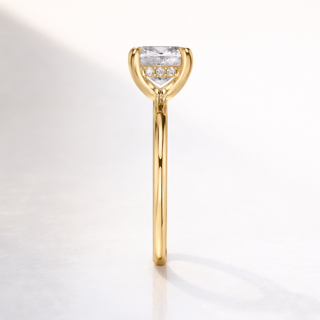 Elongated Cushion Cut Engagement Ring With Hidden Halo Gold Setting
