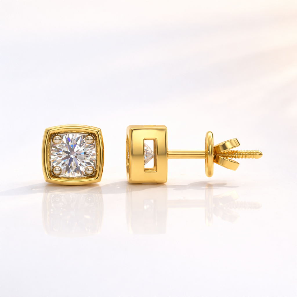 Bezel Diamond Earrings With Cushion Cut Diamond In Yellow Gold
