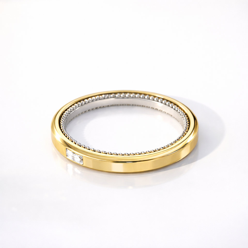 Milgrain Two Tone Wedding Band With Baguette Diamond
