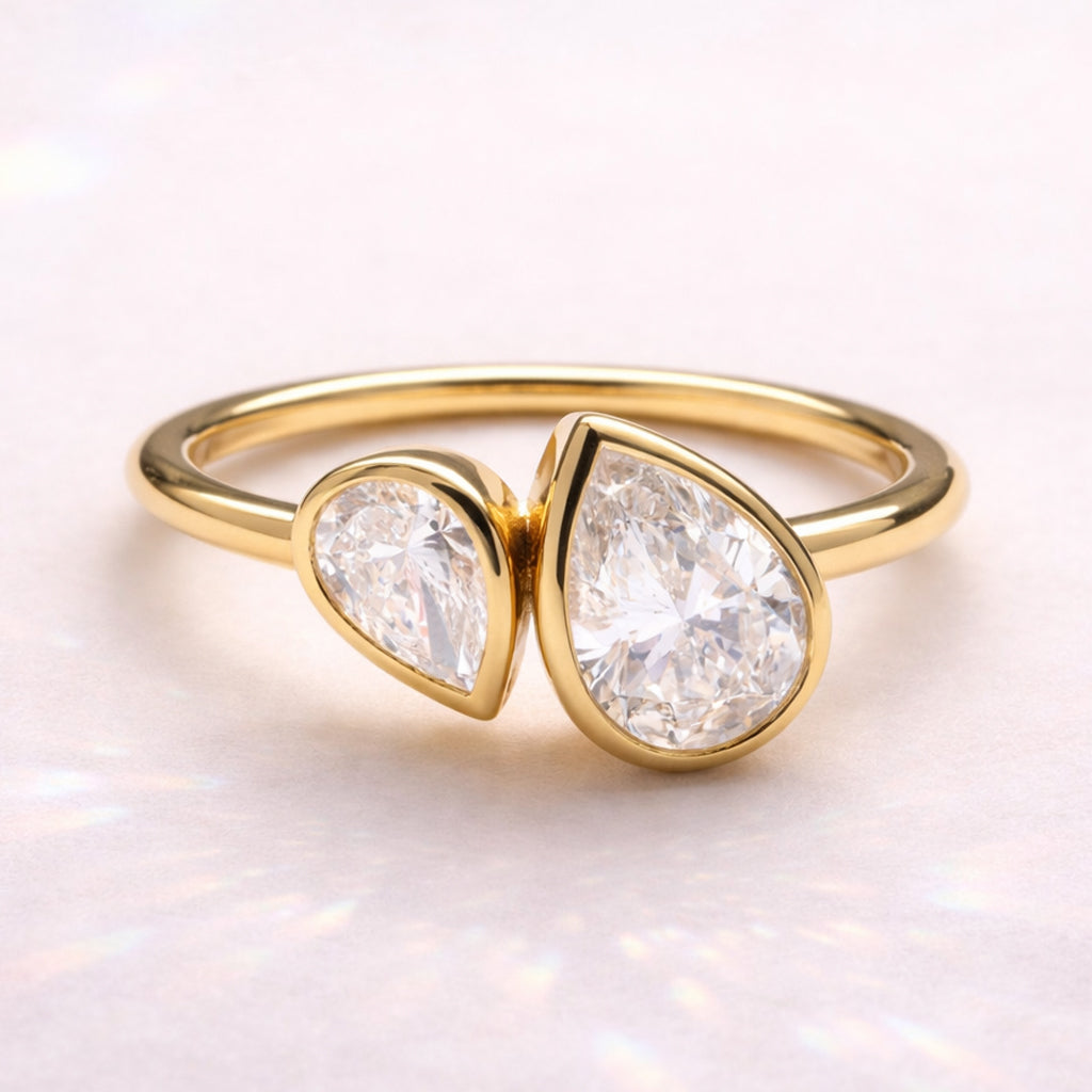 Bezel Pear Engagement Ring Two Stone Pear Cut Diamond Or Moissanite.
