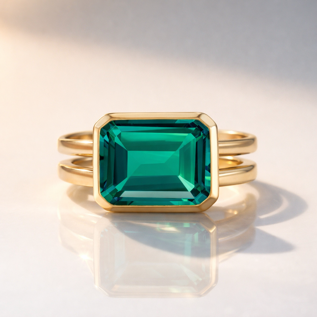 East West Emerald Bezel Set Ring
