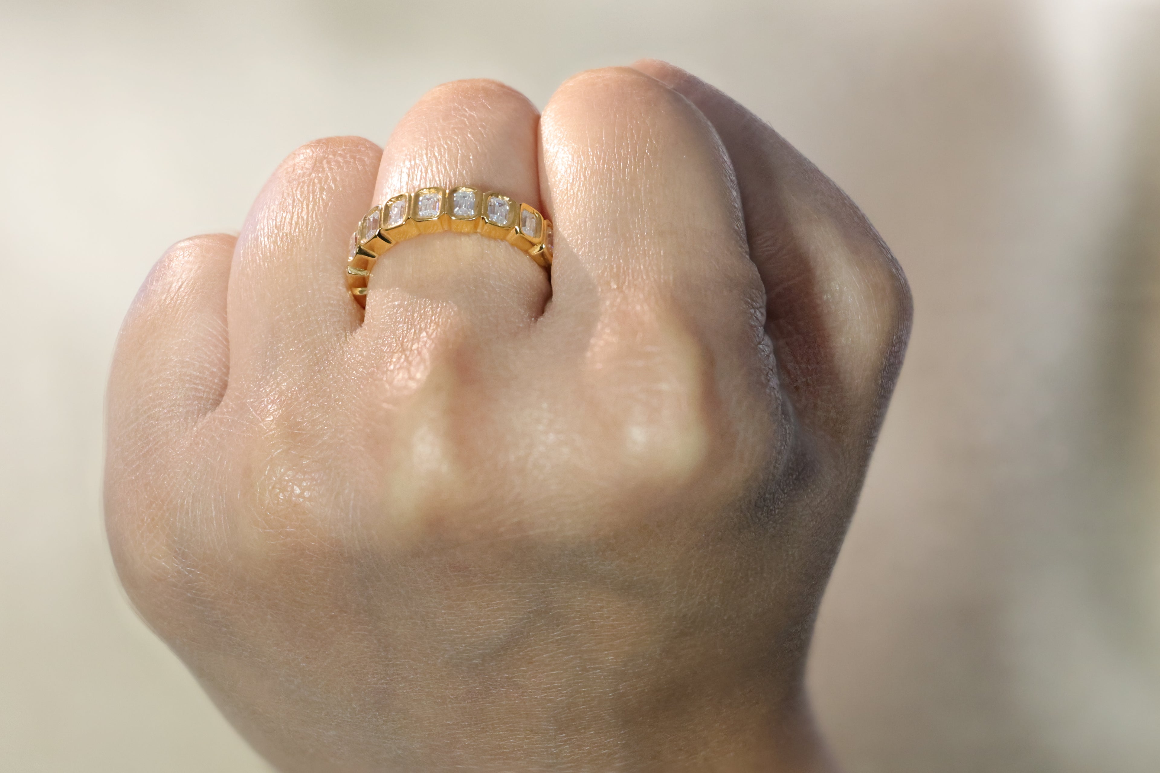 Wedding Band With Emerald Cut Bezel Set Lab Grown Diamond Band.
