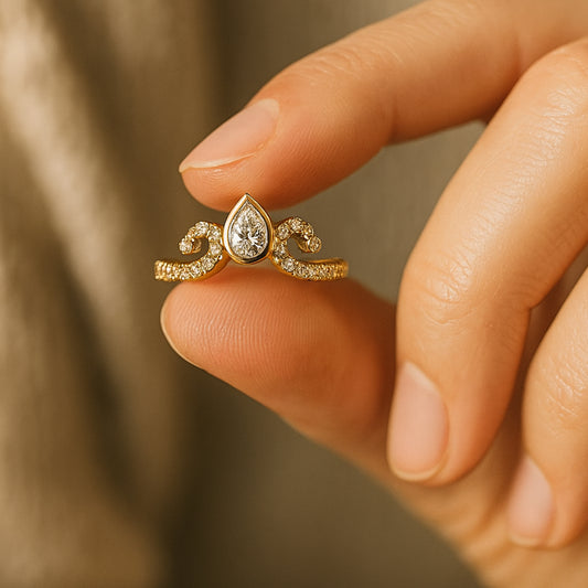 1.5ct Pear Cut Moissanite Bezel Engagement Ring Swirl Pave Band In Gold VVS1 Clarity
