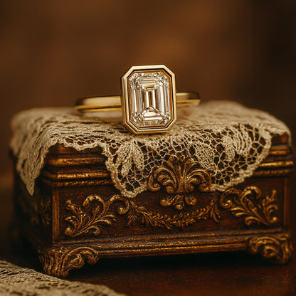 Beautiful Women's Moissanite Engagement Ring Featuring Emerald Cut Stone In Modern Bezel Setting