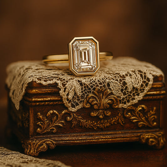 Beautiful Women's Moissanite Engagement Ring Featuring Emerald Cut Stone In Modern Bezel Setting
