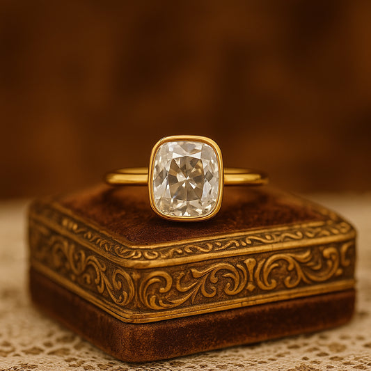 Cushion Cut Moissanite Ring VVS1 Clarity Diamond Alternative Bezel Solitaire Setting In Yellow Gold
