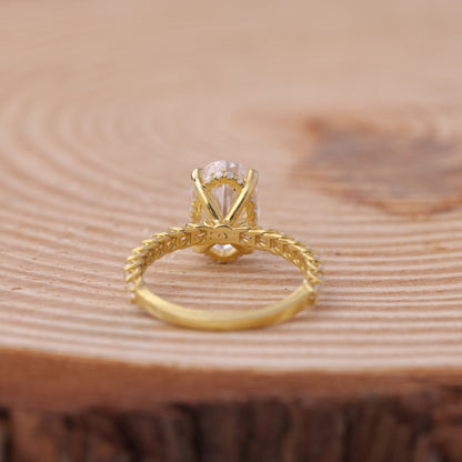 Oval Halo Moissanite Ring, Yellow Gold Engagement Fine Jewelry With Glamour