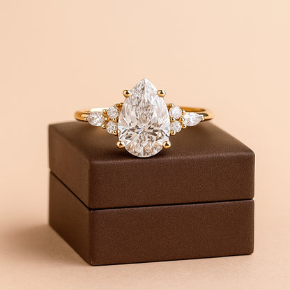 Yellow Gold Teardrop Moissanite Ring, Women's Engagement Proposal Jewelry For Brides With Classic Setting