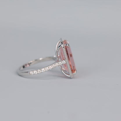 Engagement Morganite Ring, Emerald Cut Pink Moissanite Halo 14K Gold Fine Jewelry With Beauty
