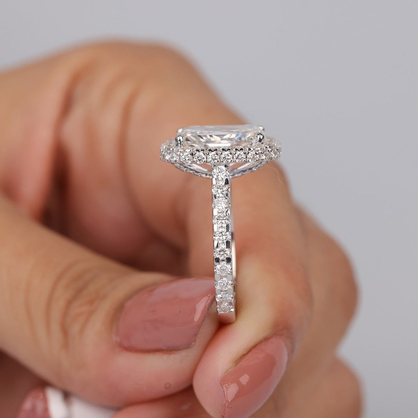 Engagement Radiant Cut Ring, Moissanite Double Halo 14K White Gold Fine Jewelry With Glamour
