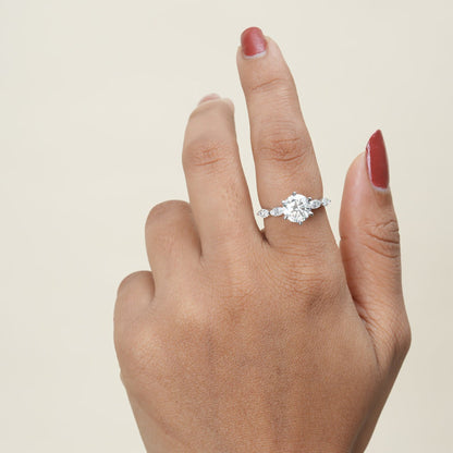 Engagement Round Cut Ring, Moissanite Marquise Side Stones White Gold Fine Jewelry With Romance
