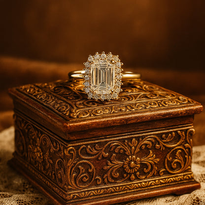 Moissanite Double Halo Emerald Cut Ring - Versatile Engagement Or Cocktail Style In Multiple Metals