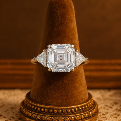 July Birthstone Asscher Cut Engagement Ring With Trapezoid Side Stones - Three Stone Wedding Ring For Women Anniversary Gift