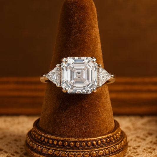 July Birthstone Asscher Cut Engagement Ring With Trapezoid Side Stones - Three Stone Wedding Ring For Women Anniversary Gift