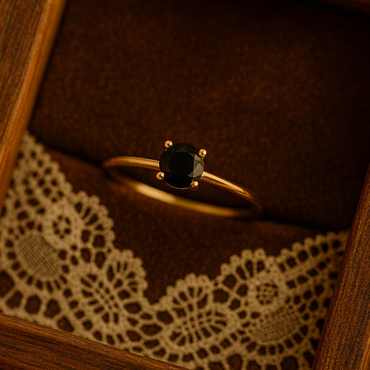 Black Onyx Round Cut Ring In Gold, Gemstone Fine Jewelry With Deep Black Color And Timeless Sophisticated Style