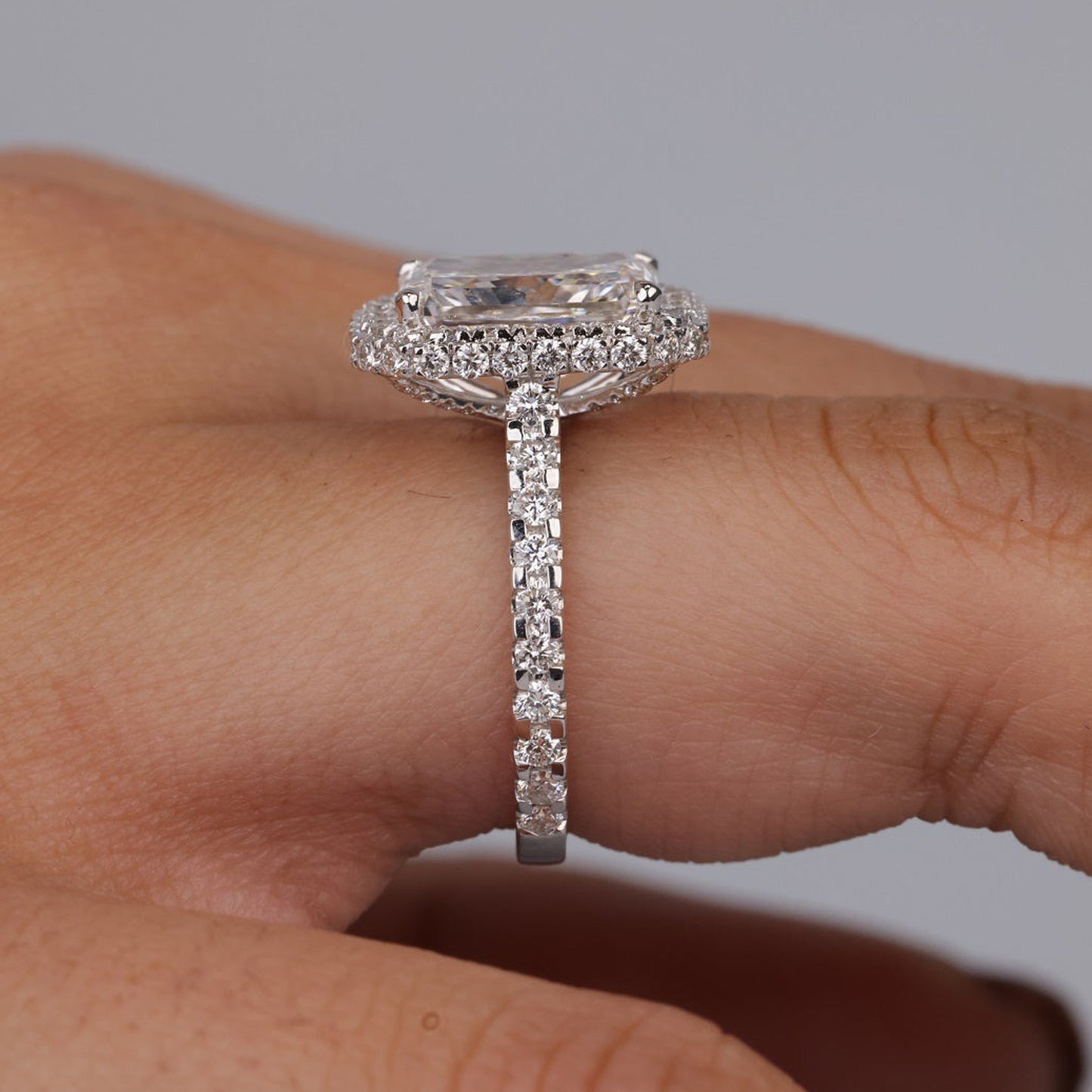 Moissanite Double Halo Engagement Ring, Radiant Cut 14K White Gold Fine Jewelry With Style