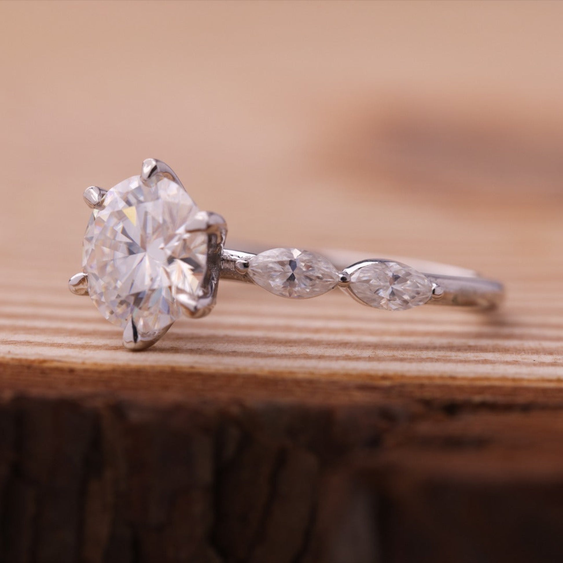 Elegant Round Moissanite Ring, Marquise Side Stones White Gold Engagement Fine Jewelry