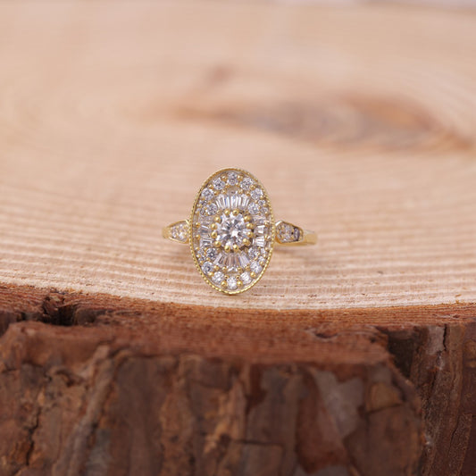 Round Cut Moissanite Ring, 1.50ct Cluster Halo Yellow Gold Engagement Fine Jewelry With Elegance