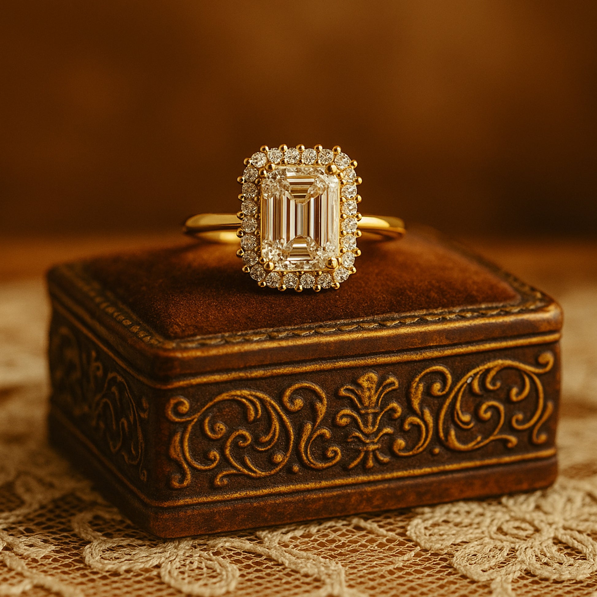Moissanite Emerald Cut Double Halo Wedding Ring - Classic Engagement Or Cocktail Style In Gold 