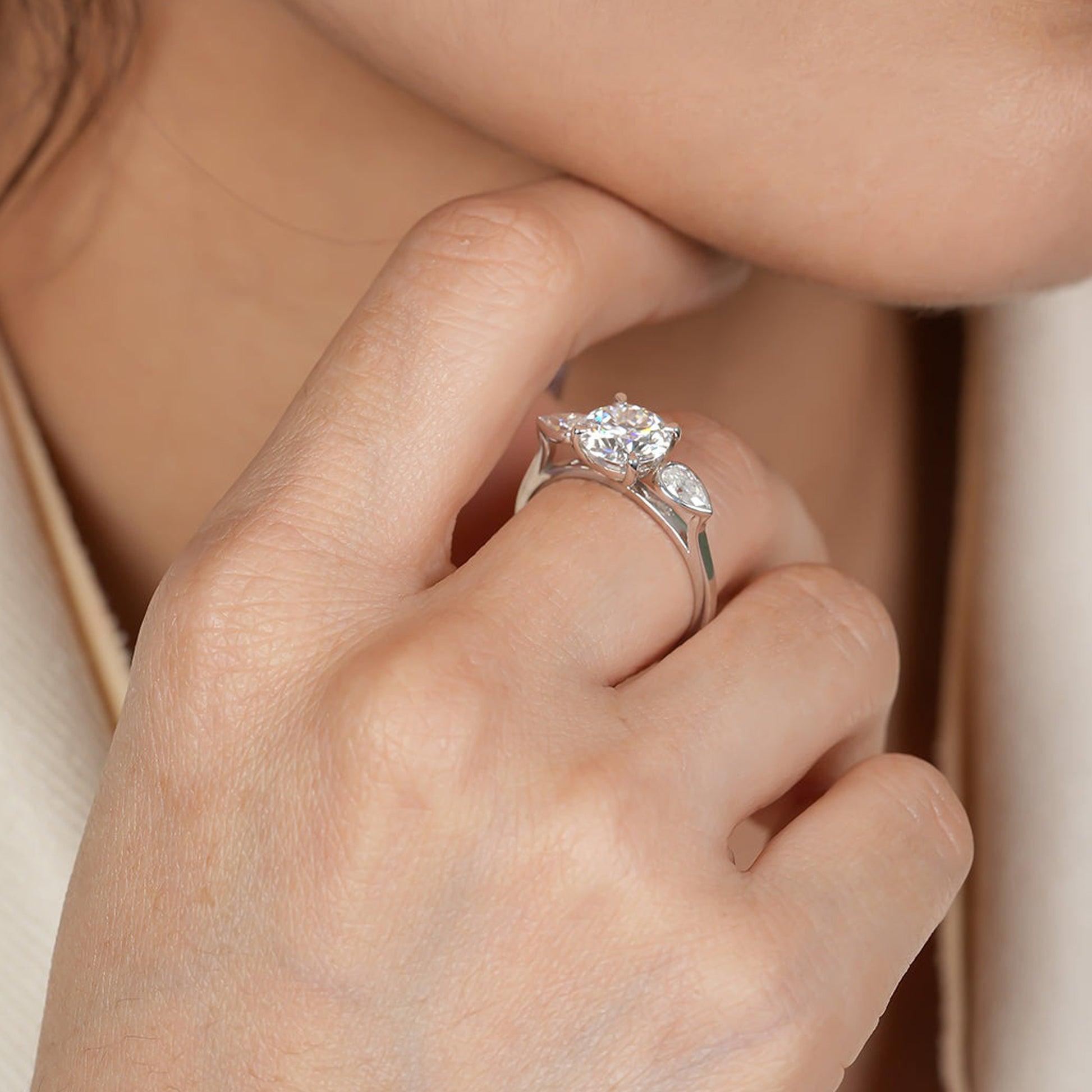 Round Moissanite Ring, 2ct Pear Side Stones Engagement Fine Jewelry With Sparkle