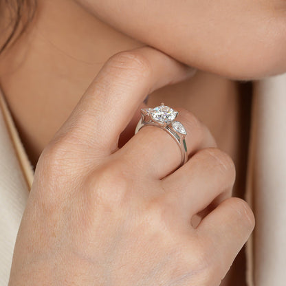 Round Moissanite Ring, 2ct Pear Side Stones Engagement Fine Jewelry With Sparkle