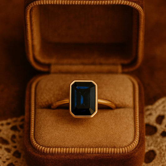 Blue Sapphire Emerald Cut Ring, Birthstone Promise Fine Jewelry With 14K Yellow Gold And Classic Setting 