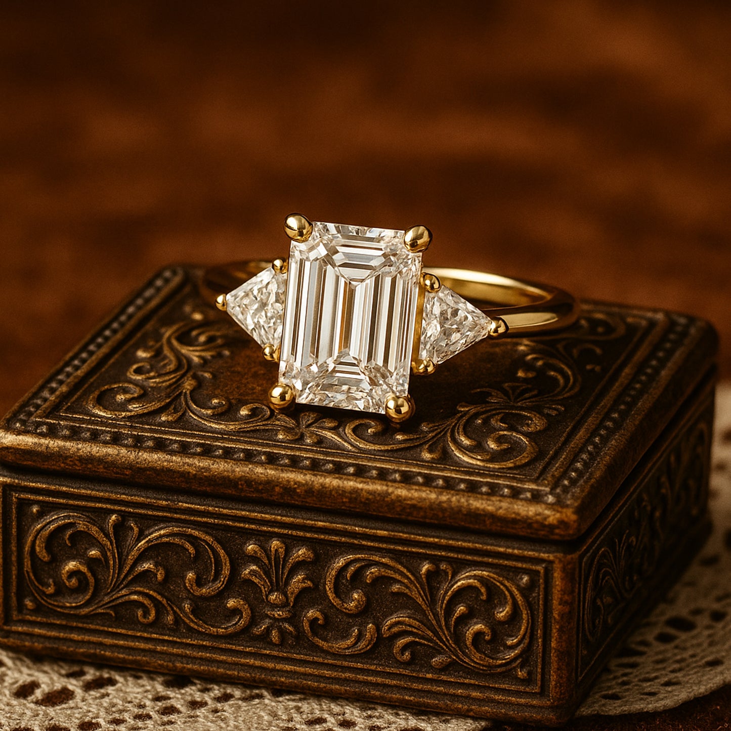 Art Deco Ring Emerald Cut Side Stone Moissanite Engagement Bridal Anniversary Gift Jewelry Wedding Proposal