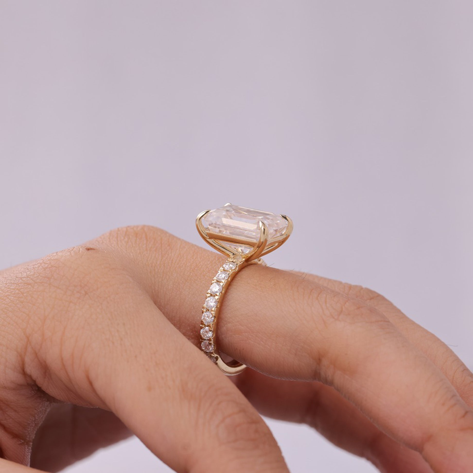 Moissanite Emerald Cut Ring, 10K Gold Wedding Band With Side Stones Fine Jewelry With Art Deco Style 
