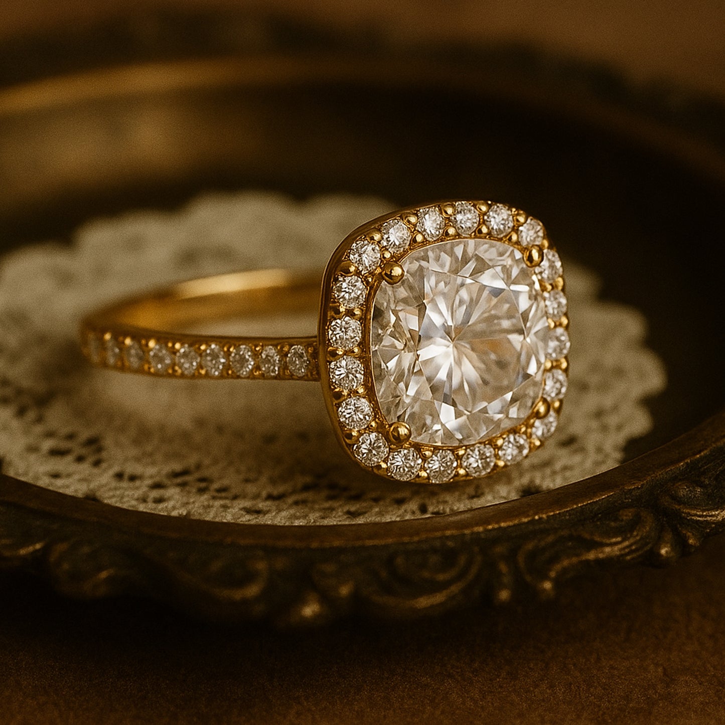 Cushion Halo Moissanite Ring With Pave Band, Women's Wedding Jewelry Featuring Brilliant Fire And Sparkle