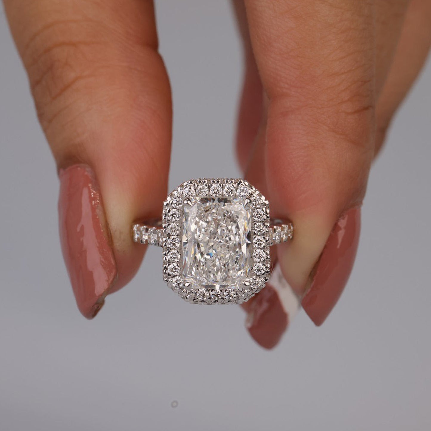 Moissanite Radiant Cut Double Halo Ring, 14K White Gold Engagement Fine Jewelry With Sparkle