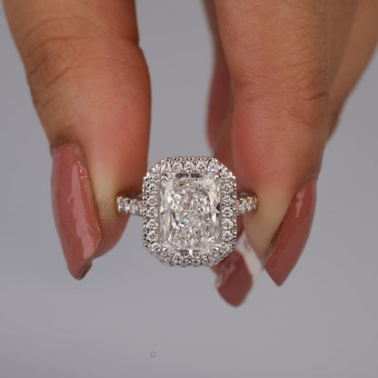 Moissanite Radiant Cut Double Halo Ring, 14K White Gold Engagement Fine Jewelry With Sparkle