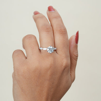 Round Moissanite Ring, 1ct With Marquise Accents White Gold Engagement Fine Jewelry With Sparkle