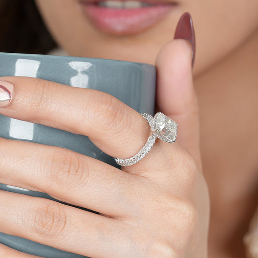 Emerald Cut Moissanite Ring, 1ct Pavé Band White Gold Engagement Fine Jewelry With Elegance