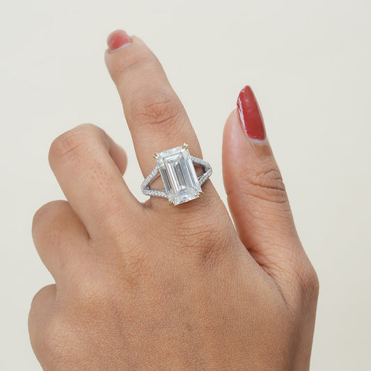 Pave Set Emerald Cut Ring, Moissanite 10K Yellow Gold Wedding Band Fine Jewelry With Sparkle