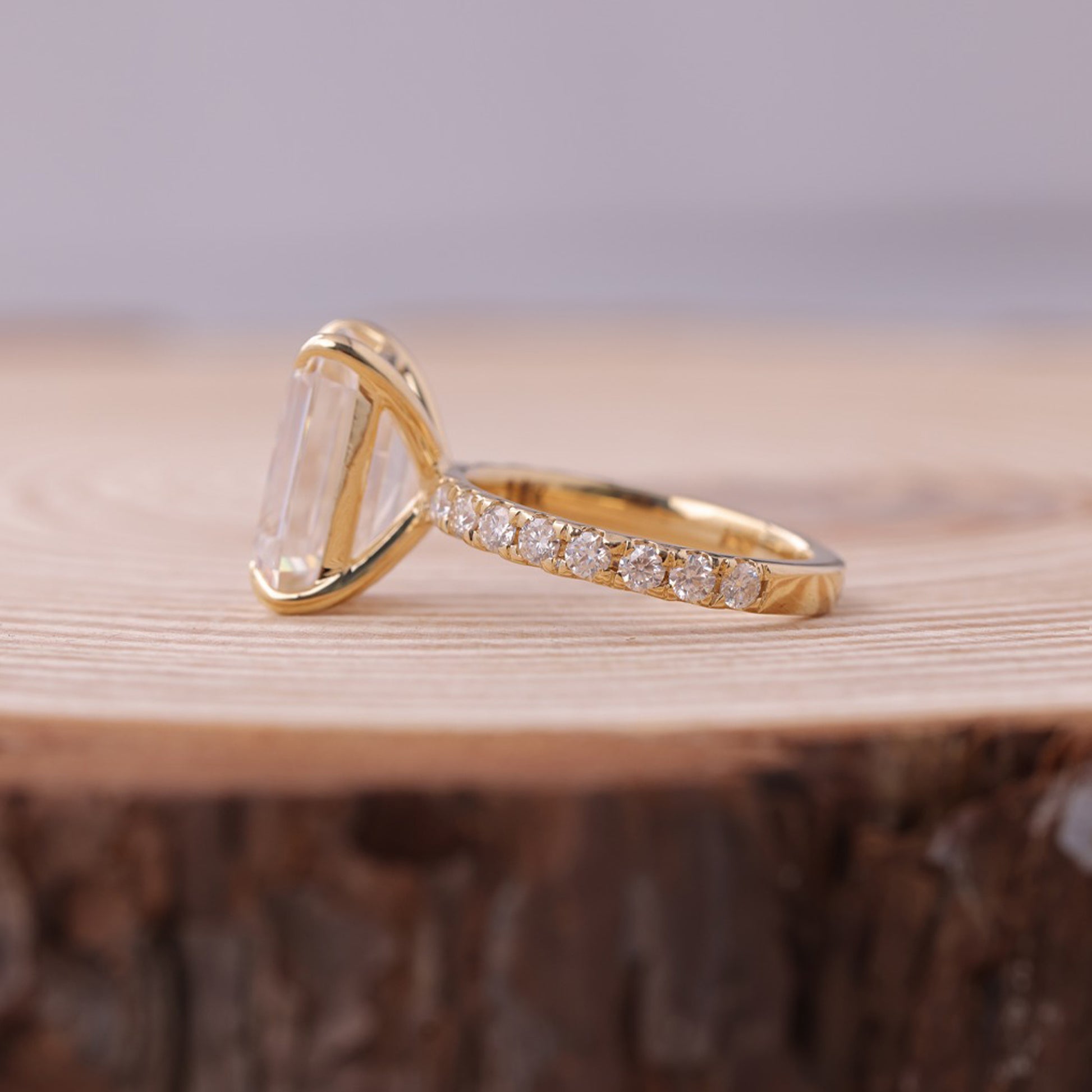Emerald Cut Moissanite Wedding Band, 10K Gold Ring With Side Stones Fine Jewelry With Timeless Elegance 