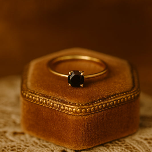 Round Cut Black Onyx Ring, Gold Birthstone Gemstone Fine Jewelry With Classic Prong Setting And Elegant Design
